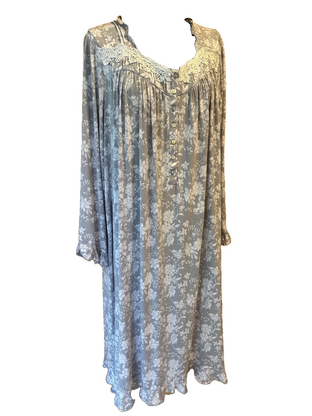 Eileen West Gray Floral Lace-Trim Nightgown EUC Large